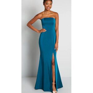 Bariano (ModCloth) Gown with Detachable Sleeves / Teal Off-the-Shoulder